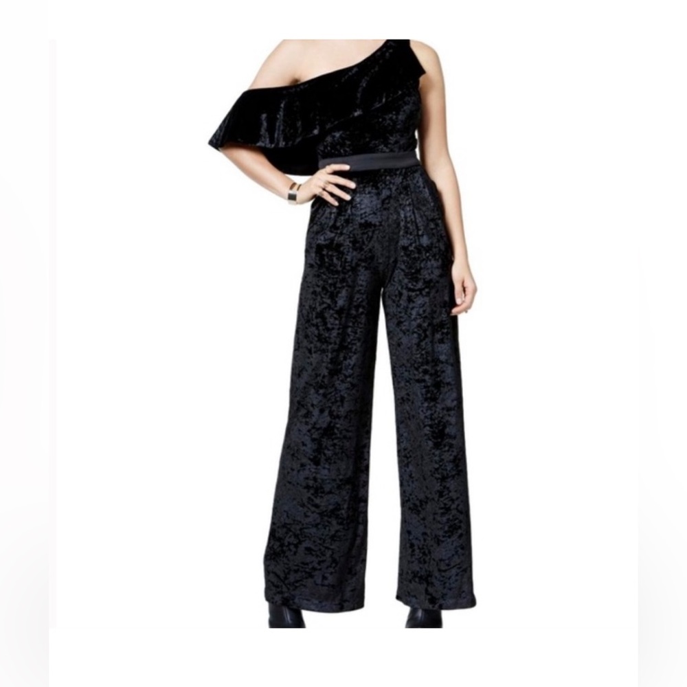 XOXO Womens Juniors Black Holiday Velvet Ruffled Jumpsuit Size S